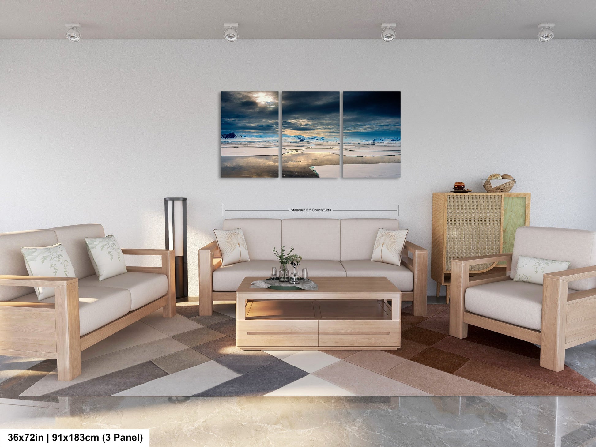 a living room filled with furniture and a painting on the wall