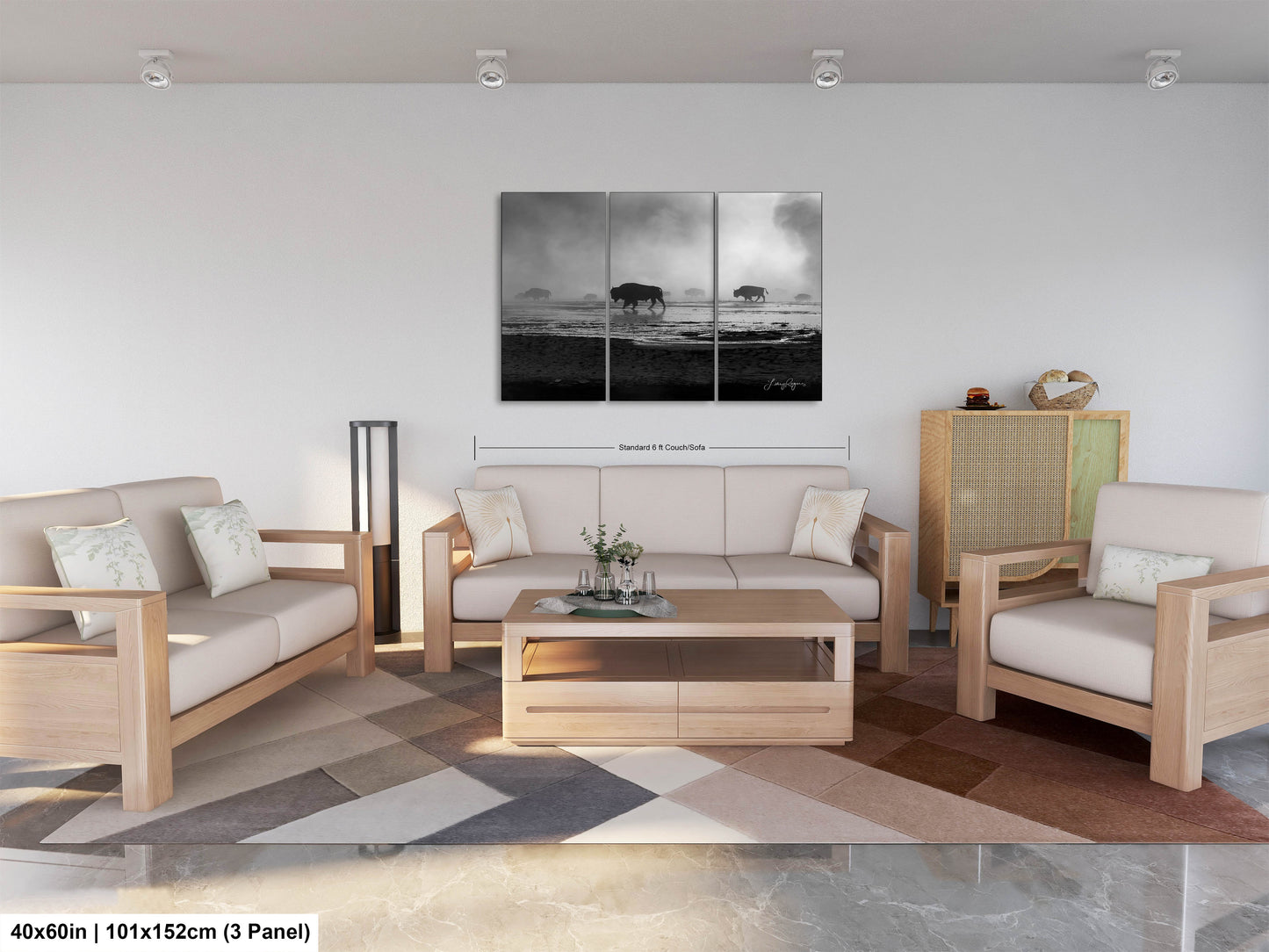 a living room filled with furniture and a painting on the wall