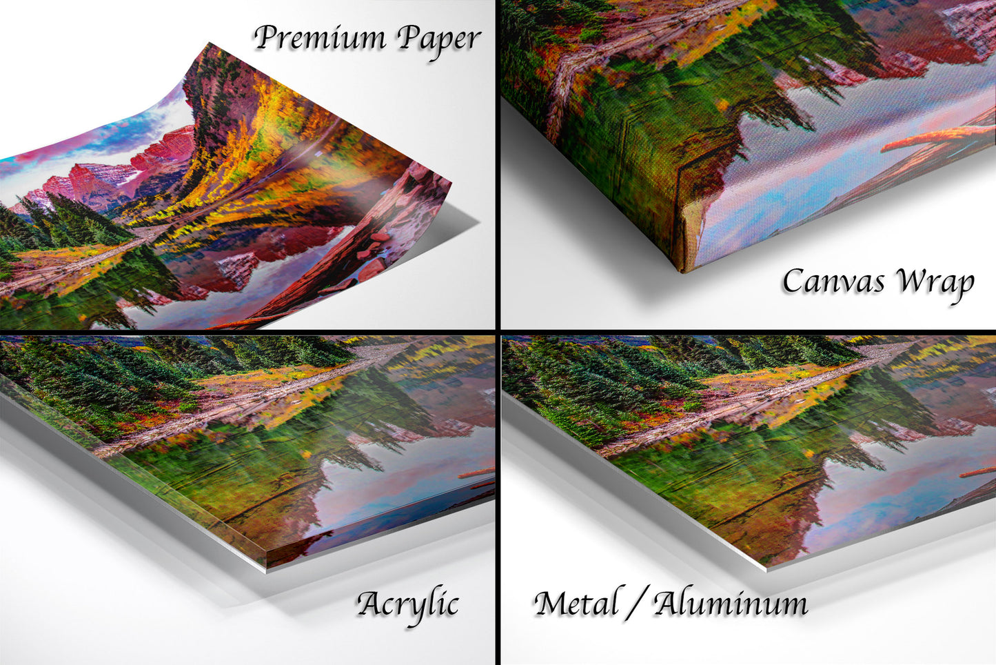 a series of four images showing different views of a mountain