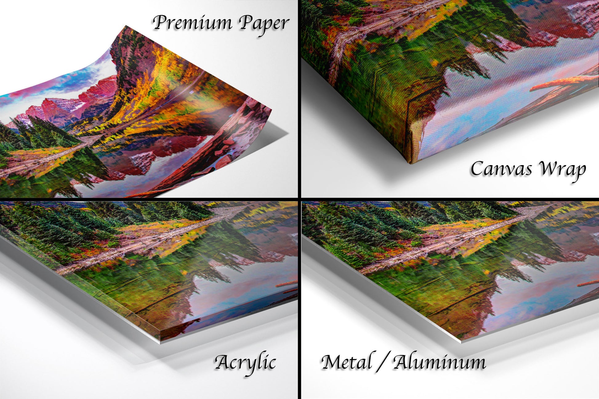 a series of four images showing different views of a mountain