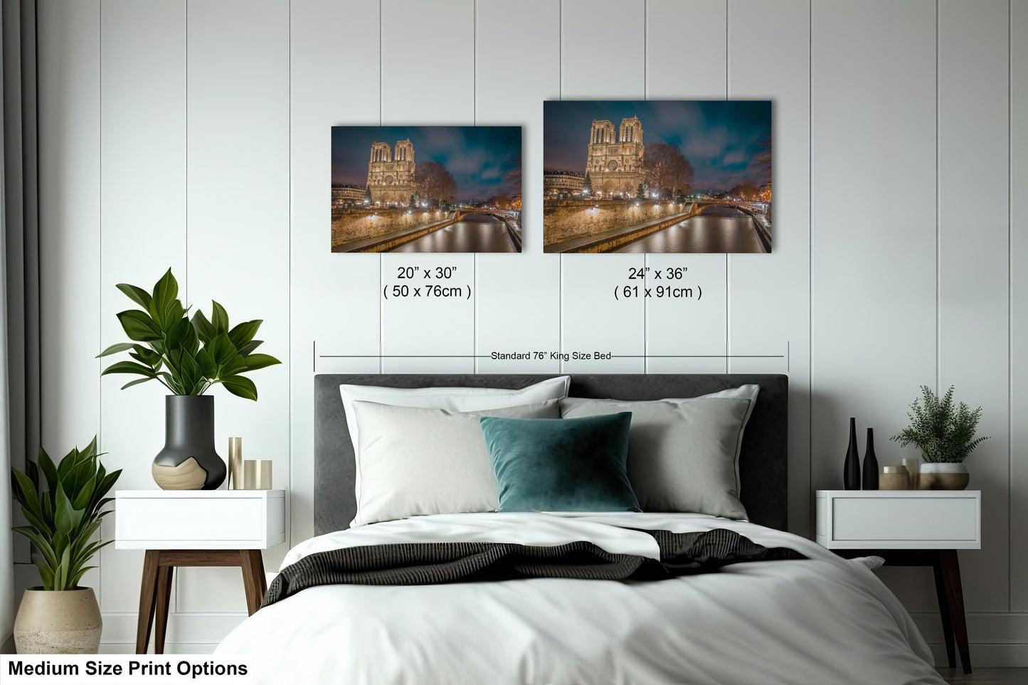 a bedroom with a bed and two pictures on the wall