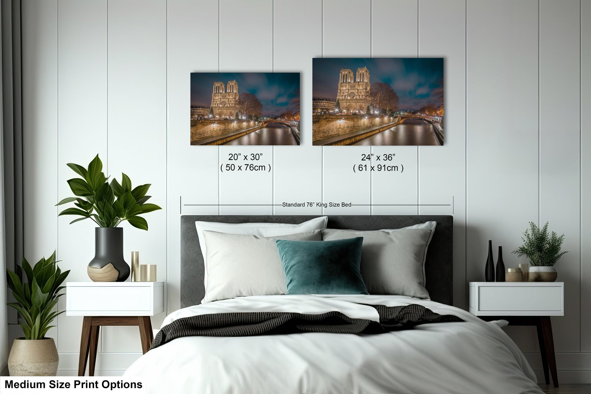 a bedroom with a bed and two pictures on the wall