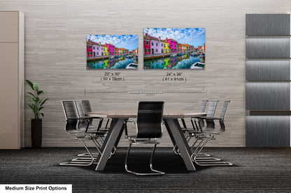 a dining room table with chairs and a picture of a city