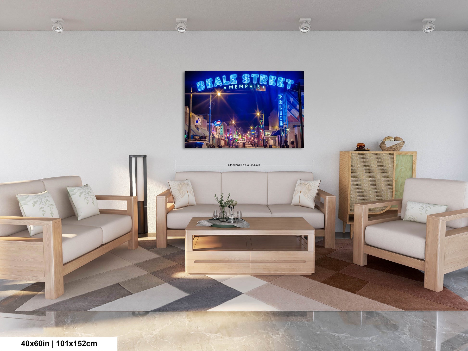a living room filled with furniture and a painting on the wall