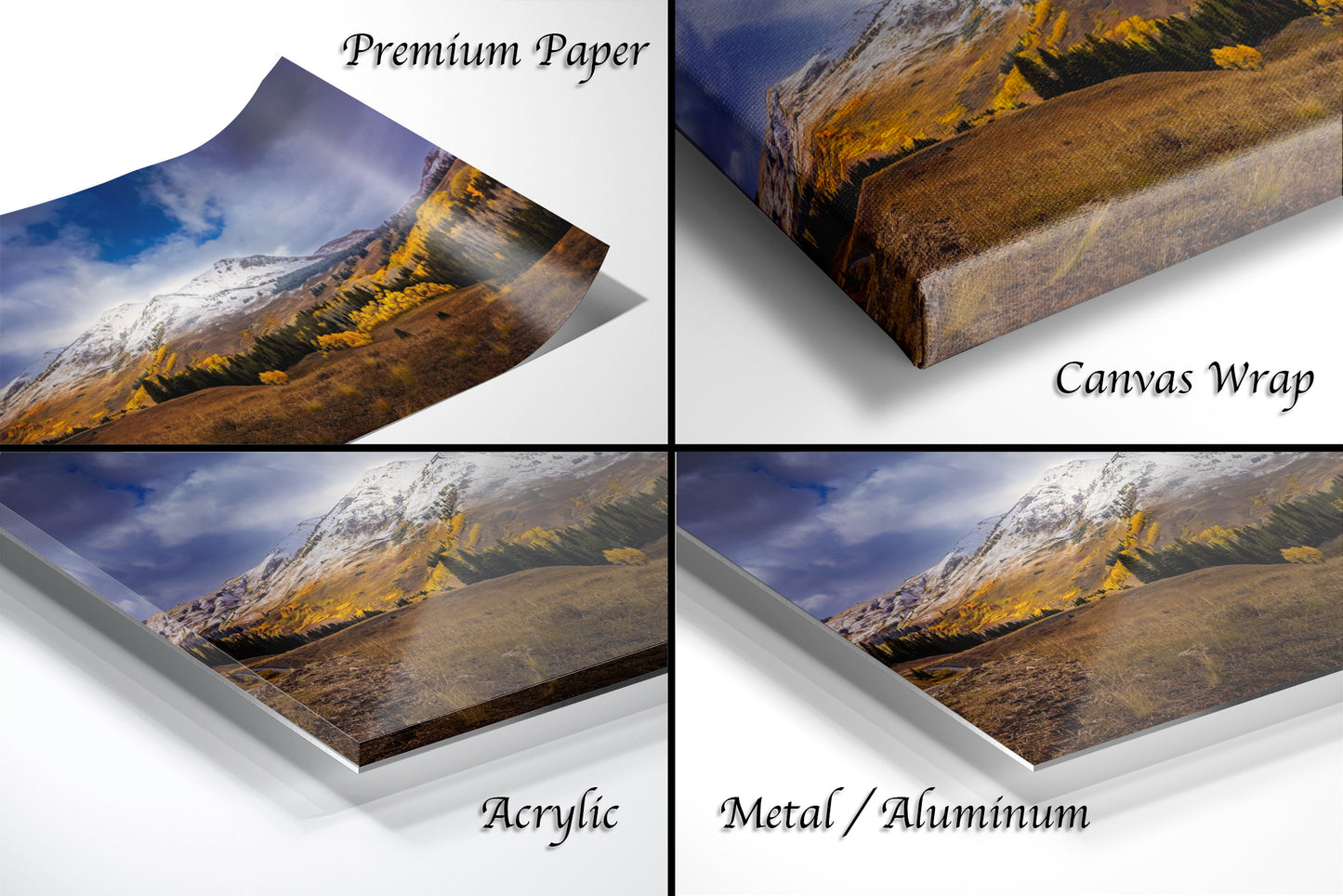 a series of four photos of a mountain range