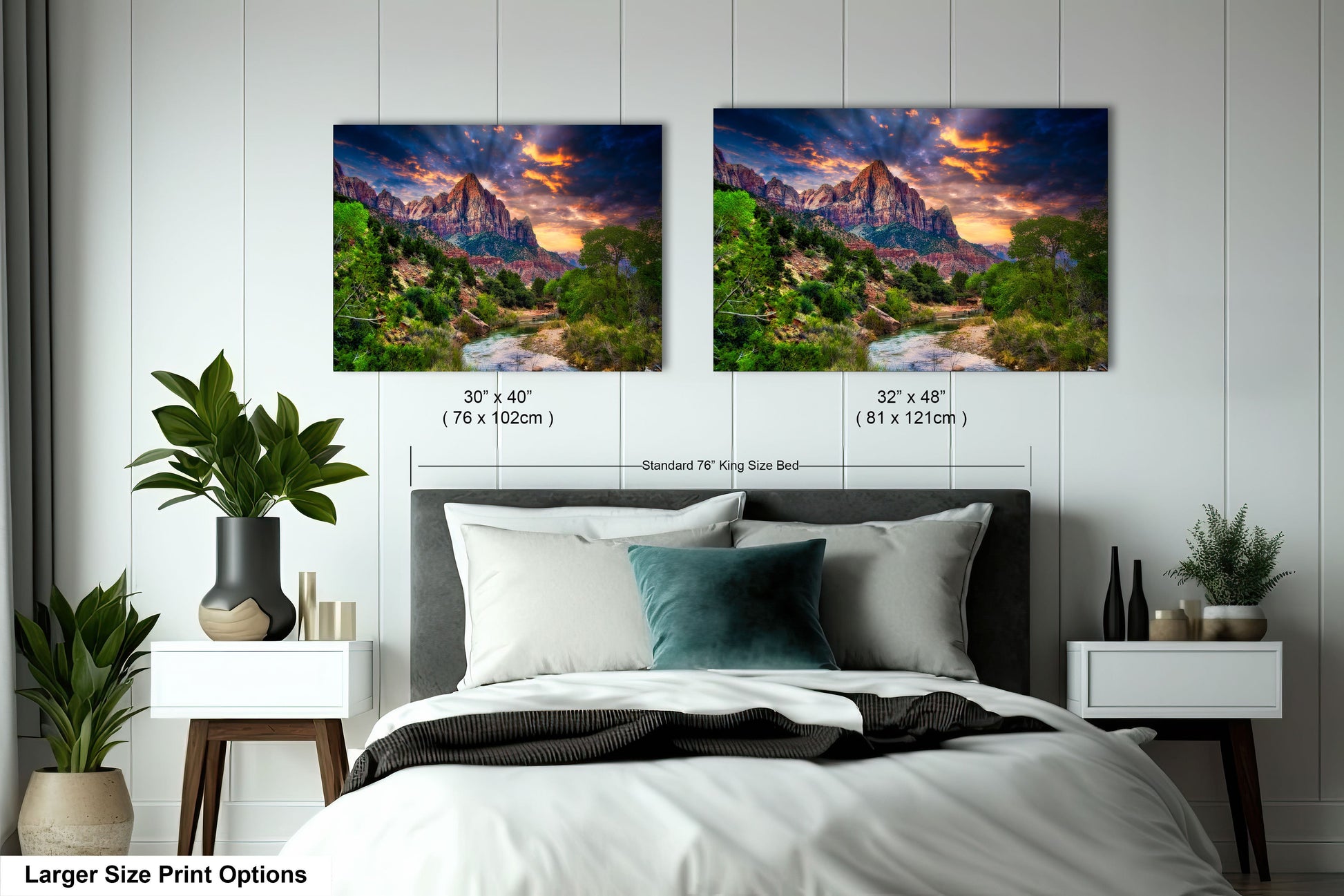 a bedroom with a bed and two pictures on the wall