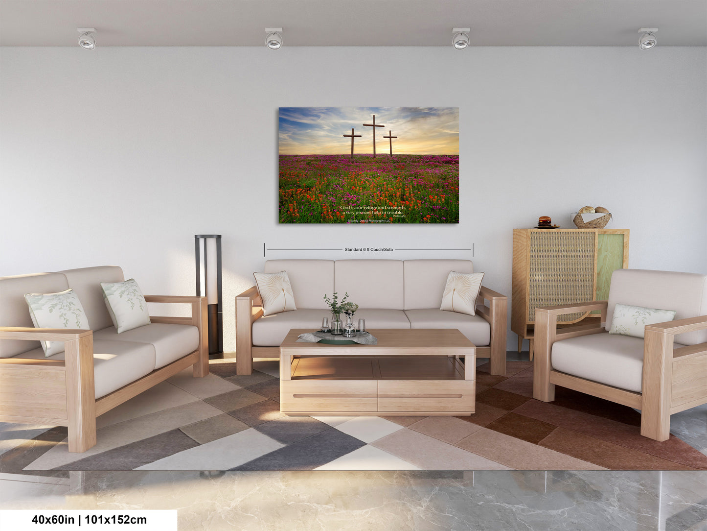 a living room filled with furniture and a painting on the wall