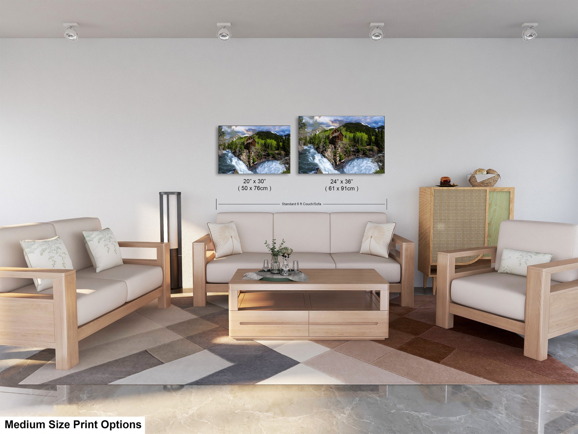 a living room filled with furniture and a painting on the wall
