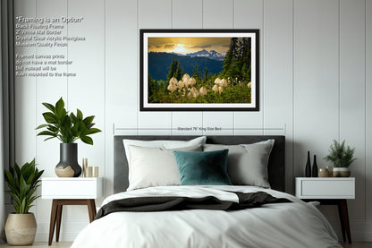 a bedroom with a large bed and a painting on the wall