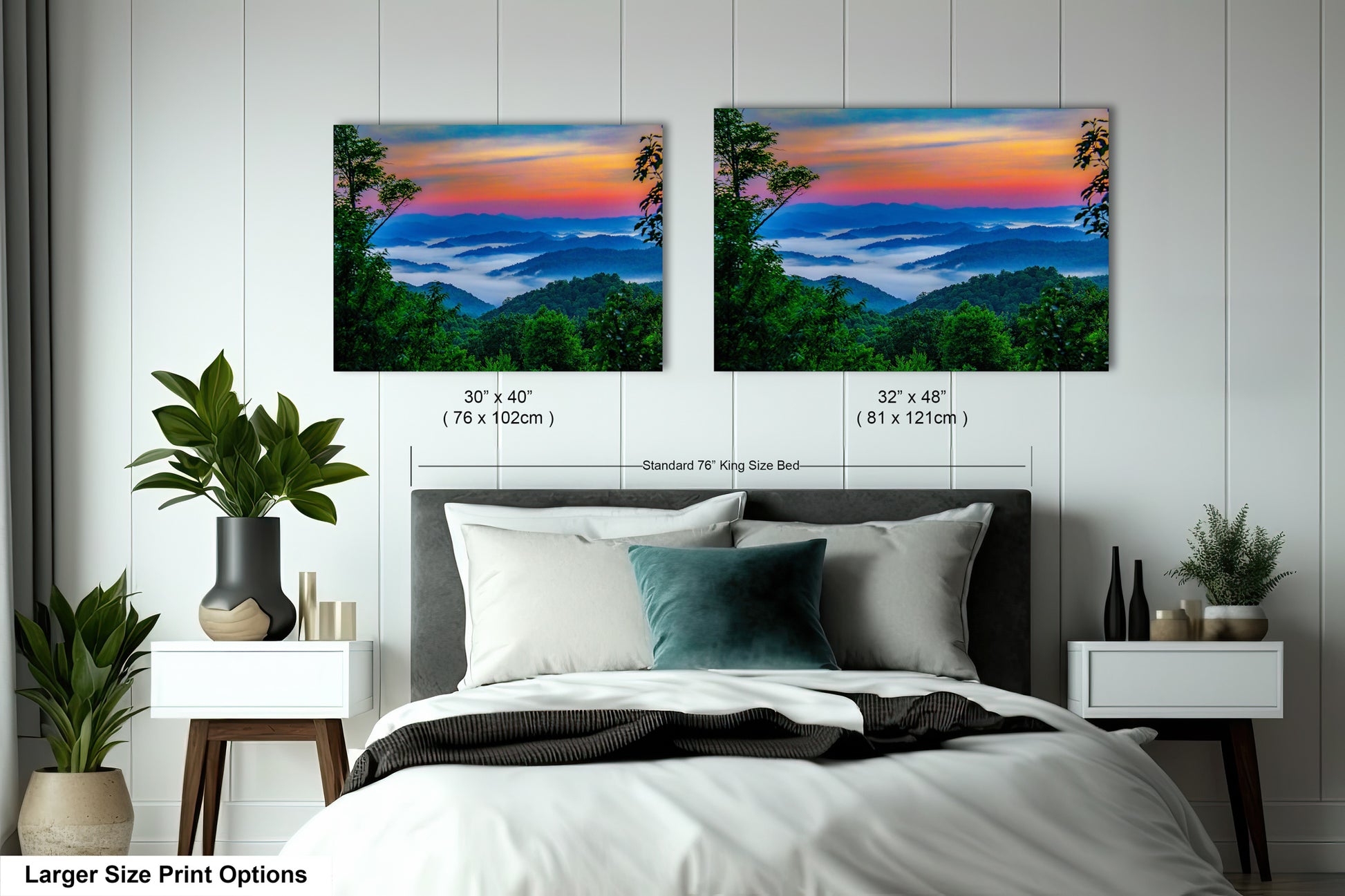 a bedroom with a bed and two paintings on the wall