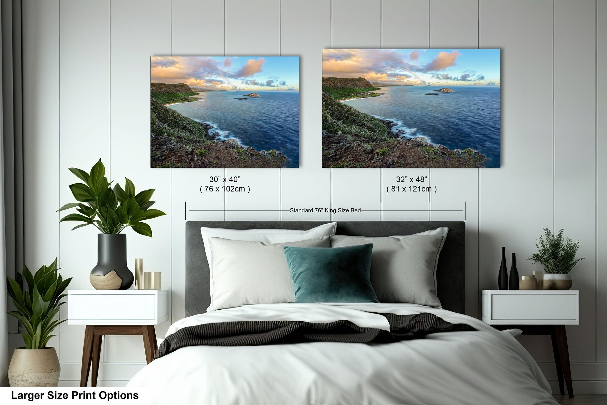 a bedroom with a bed and two pictures on the wall