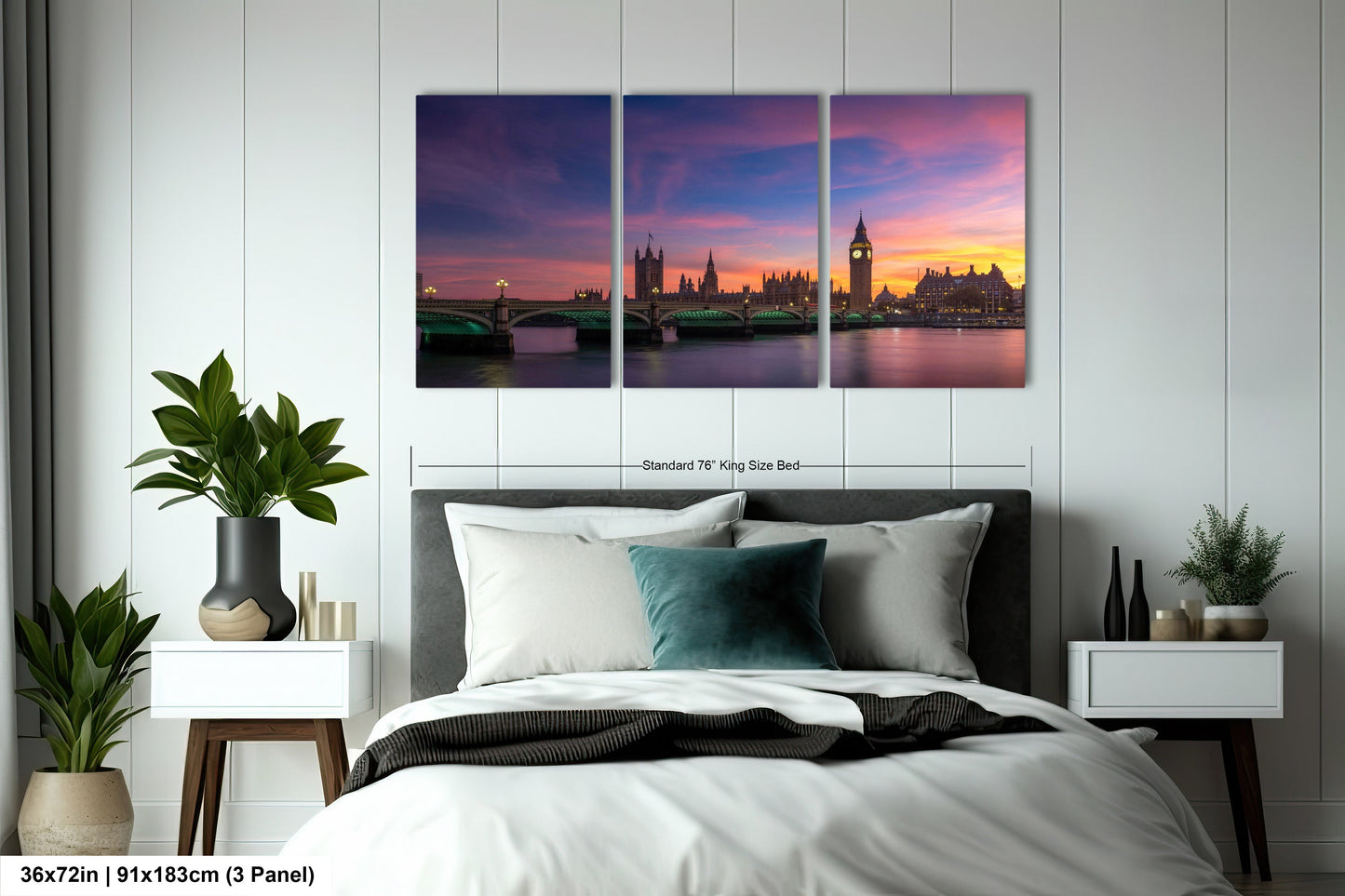 a bedroom with a large bed and a painting on the wall