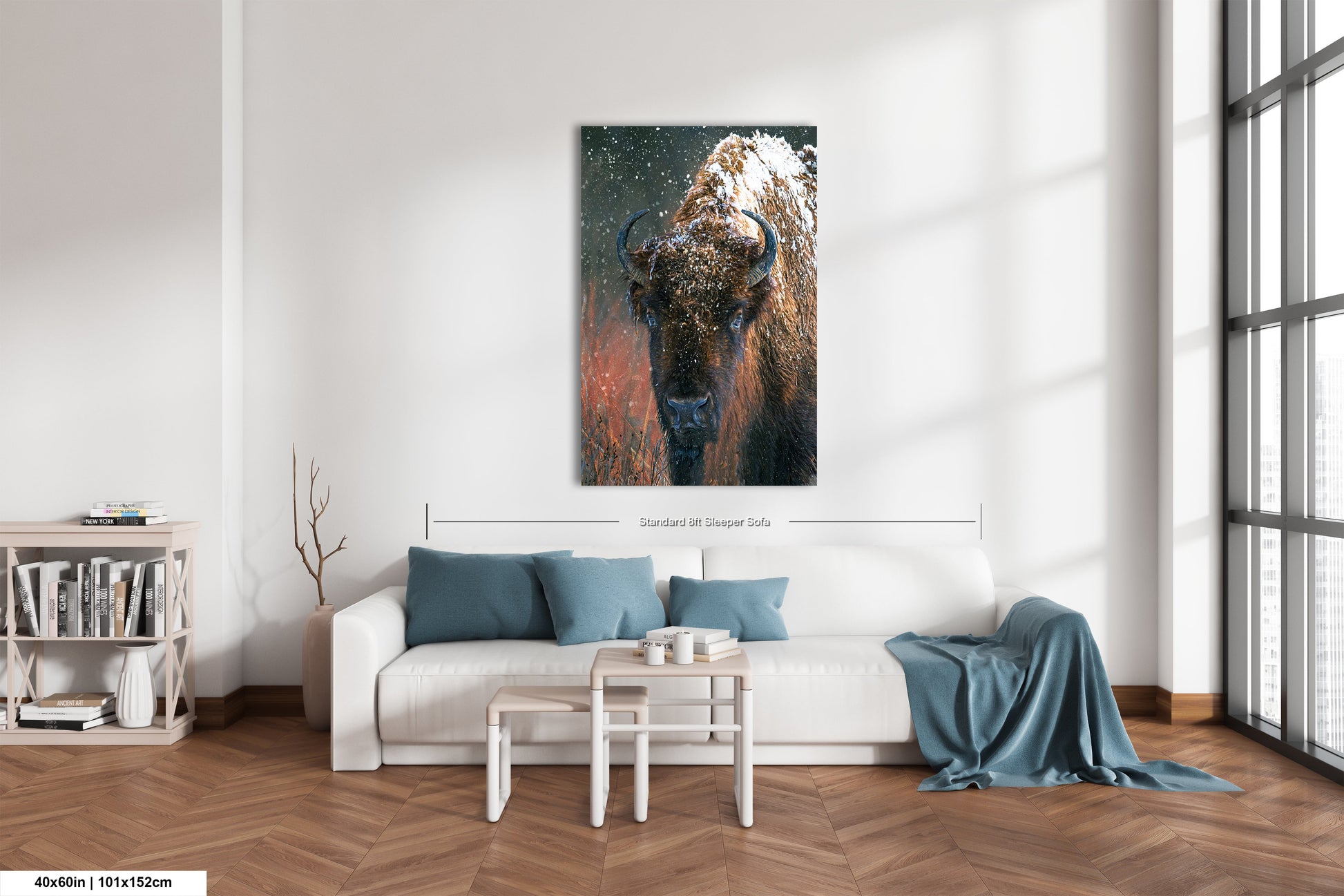 a living room with a couch and a painting on the wall