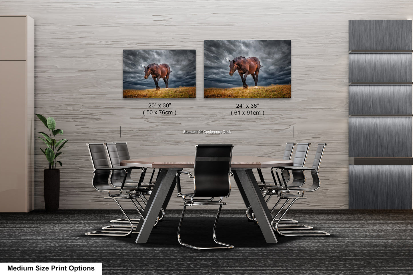 a dining room table with chairs and a picture of a horse