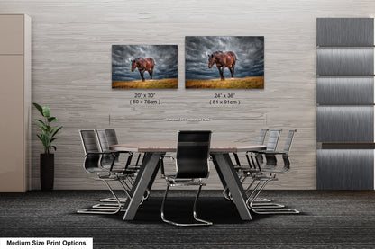 a dining room table with chairs and a picture of a horse