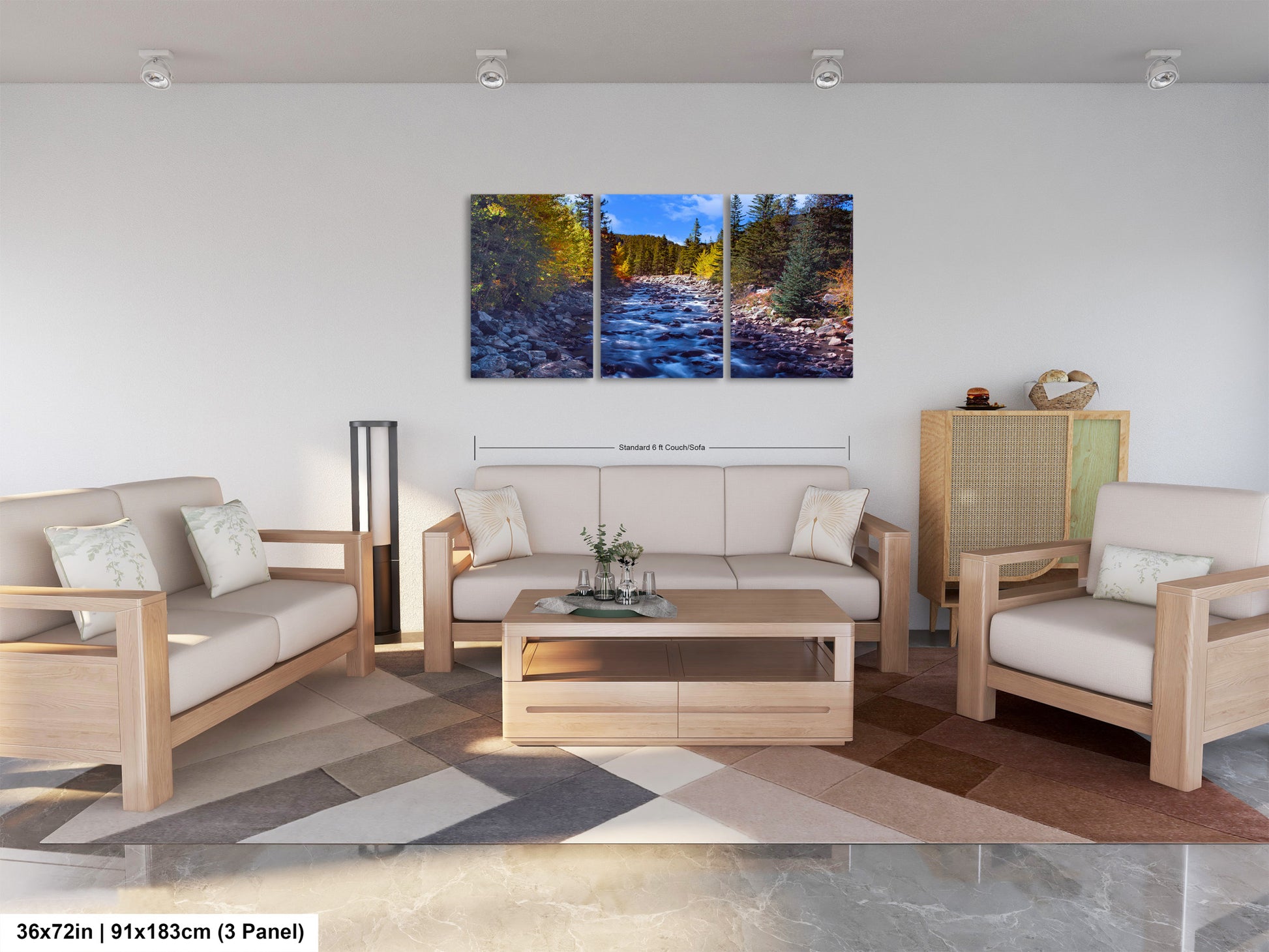 a living room filled with furniture and a painting on the wall