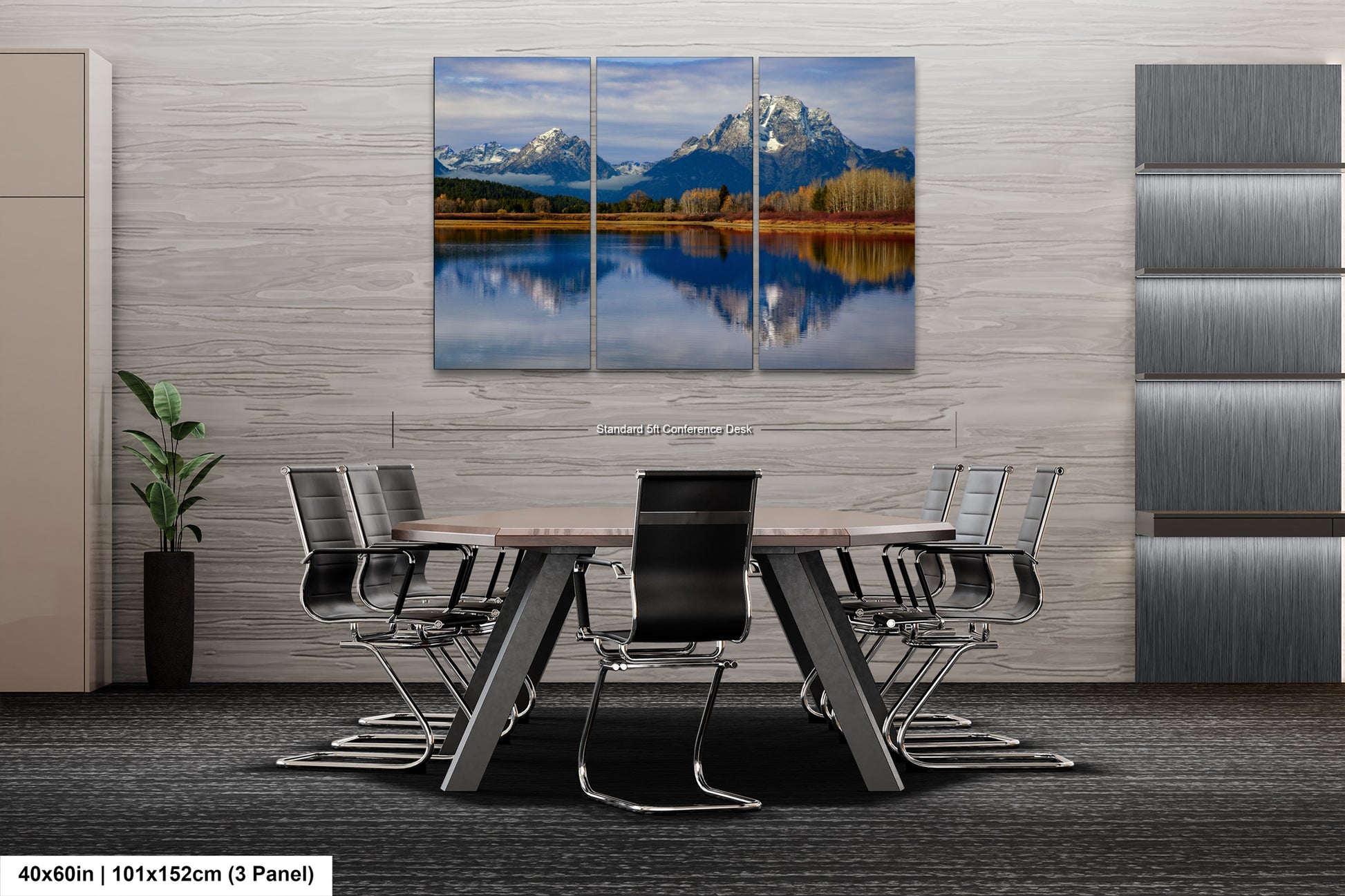 a dining room table with chairs and a painting on the wall