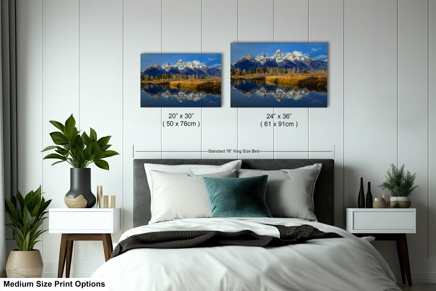 a bedroom with a bed and two pictures on the wall