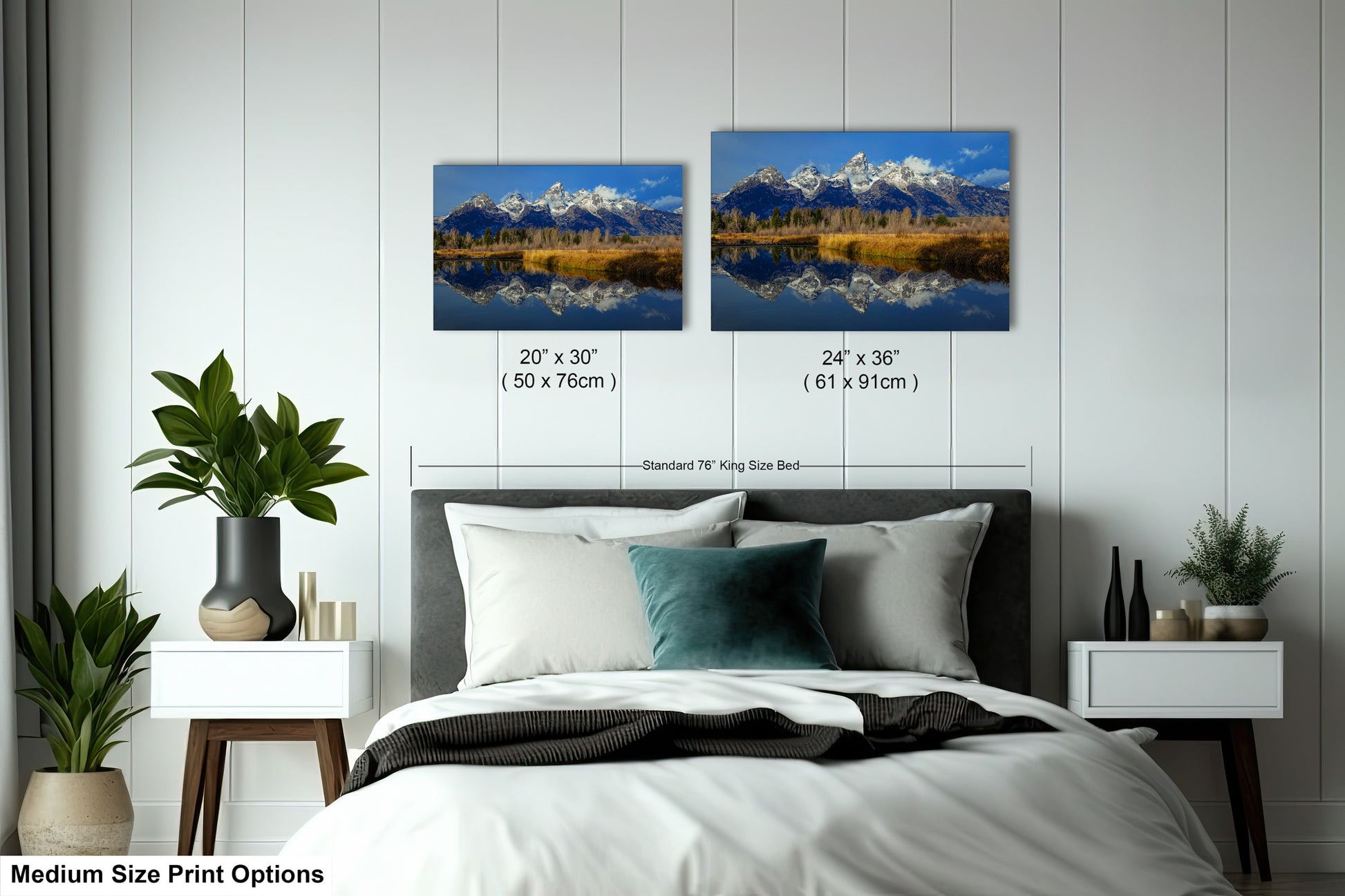 a bedroom with a bed and two pictures on the wall