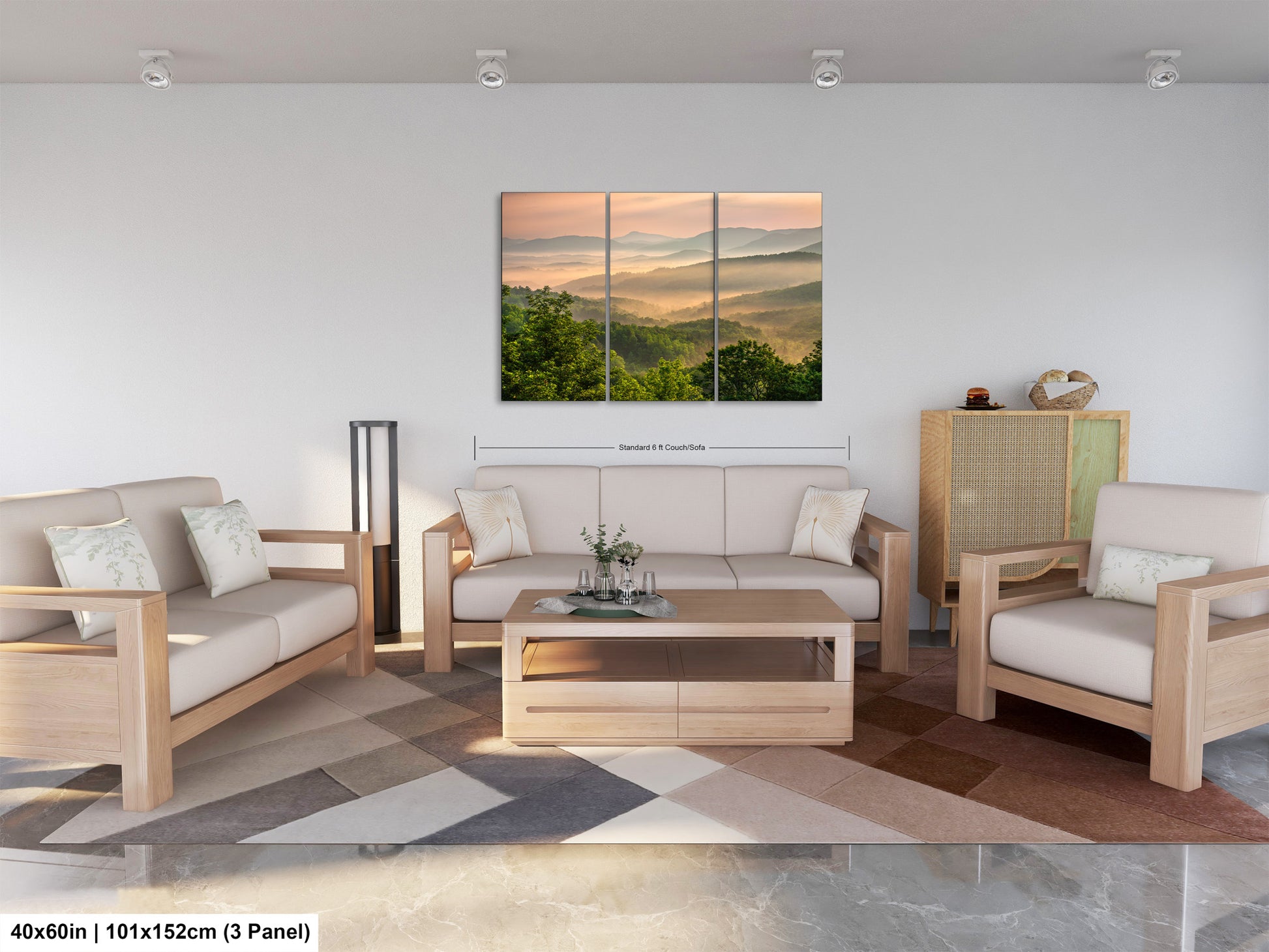 a living room filled with furniture and a painting on the wall