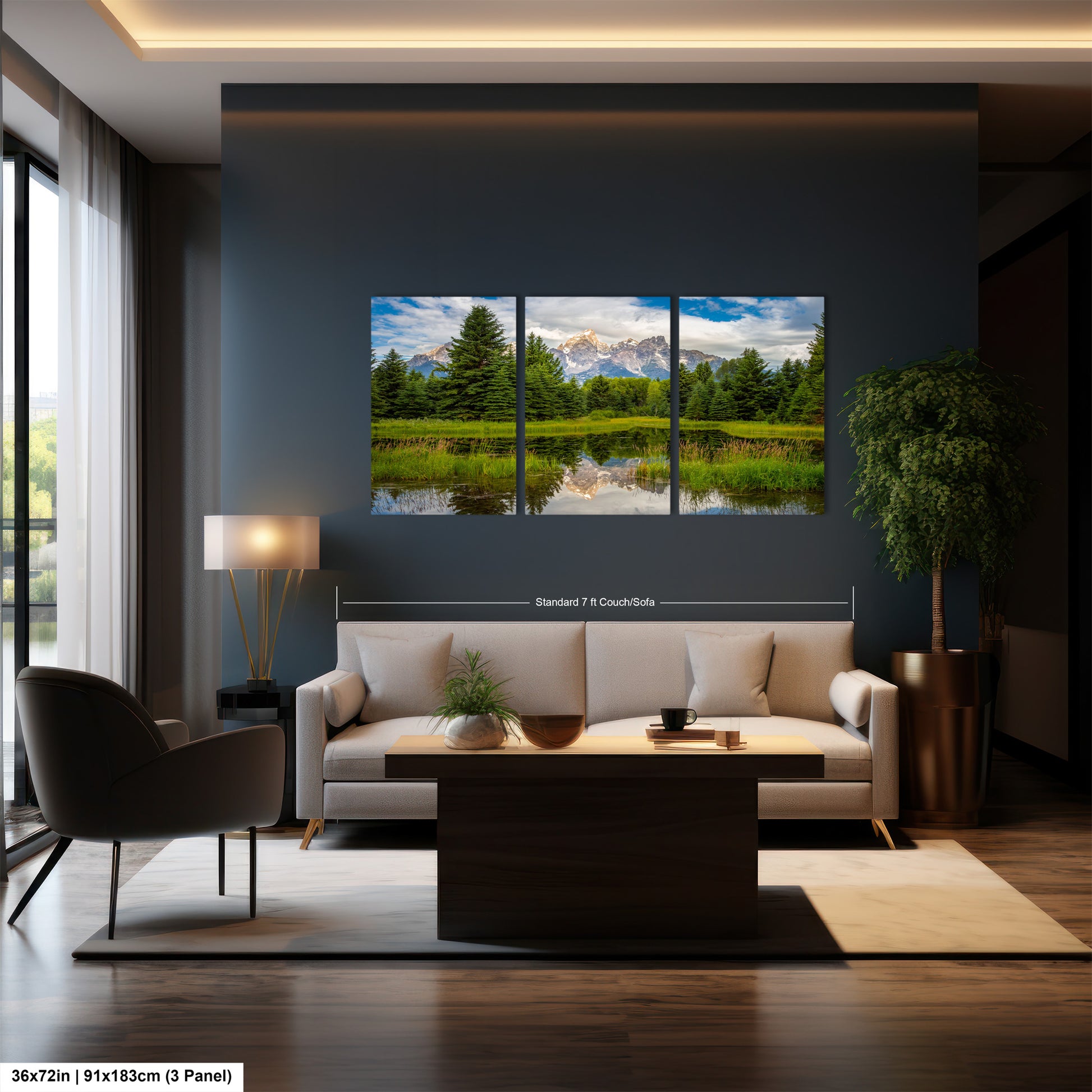 a living room filled with furniture and a painting on the wall