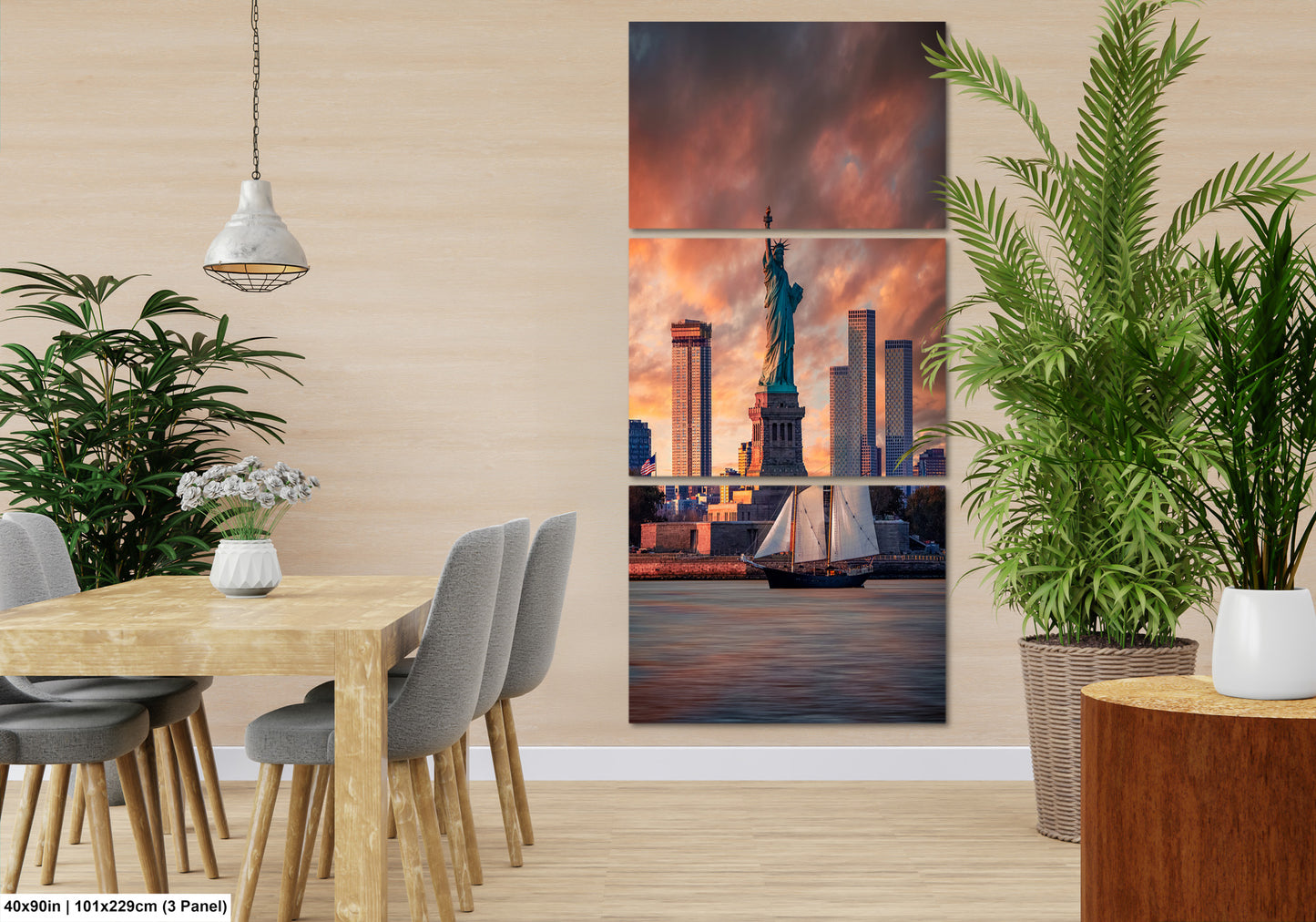 a dining room table with chairs and a picture of the statue of liberty