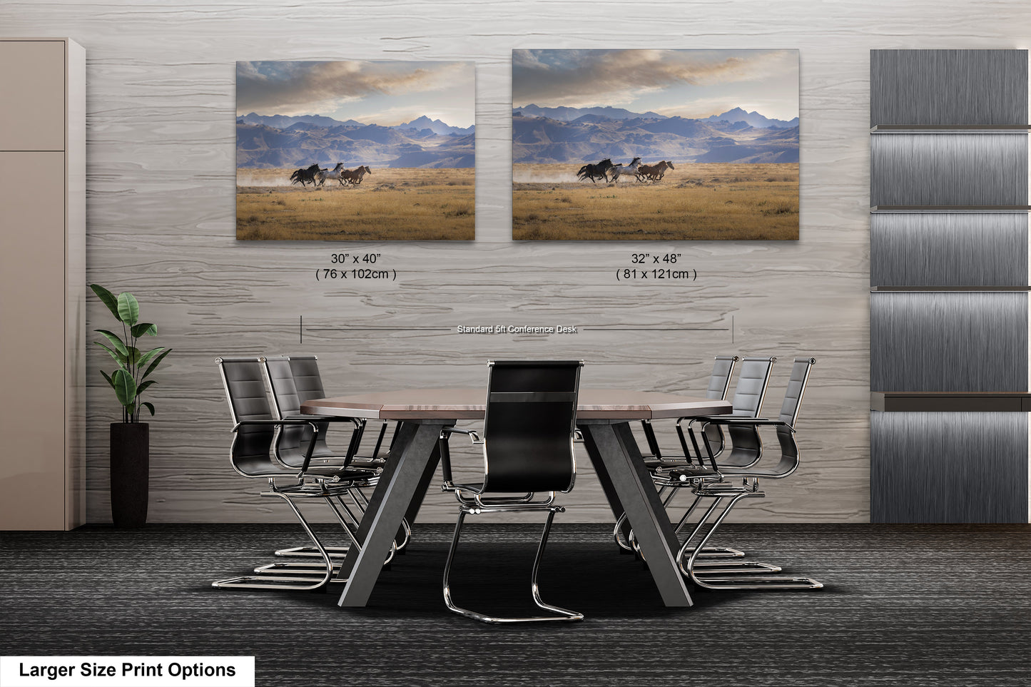 a dining room table with chairs and two pictures on the wall