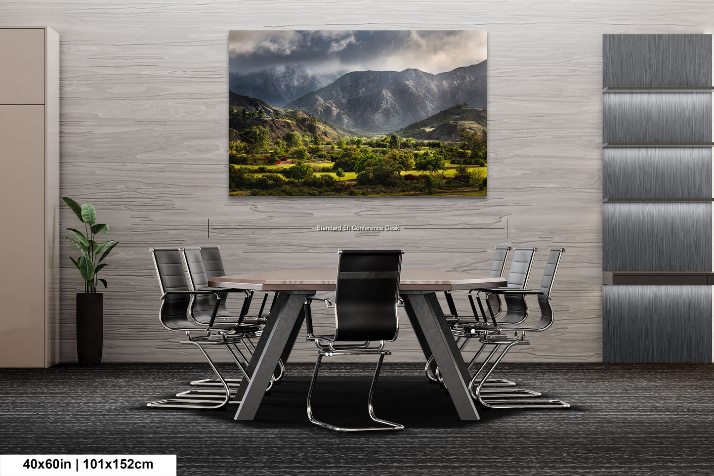 a dining room table with chairs and a painting on the wall