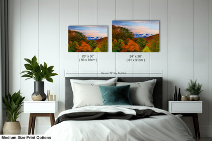 a bedroom with a bed and two pictures on the wall