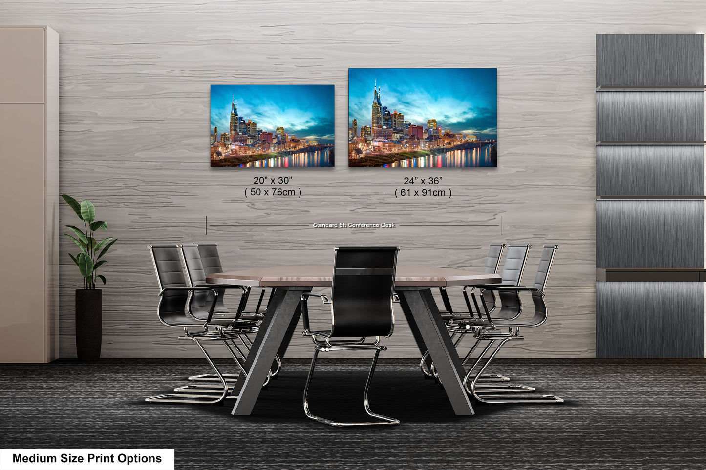 a dining room table with chairs and a picture of a city