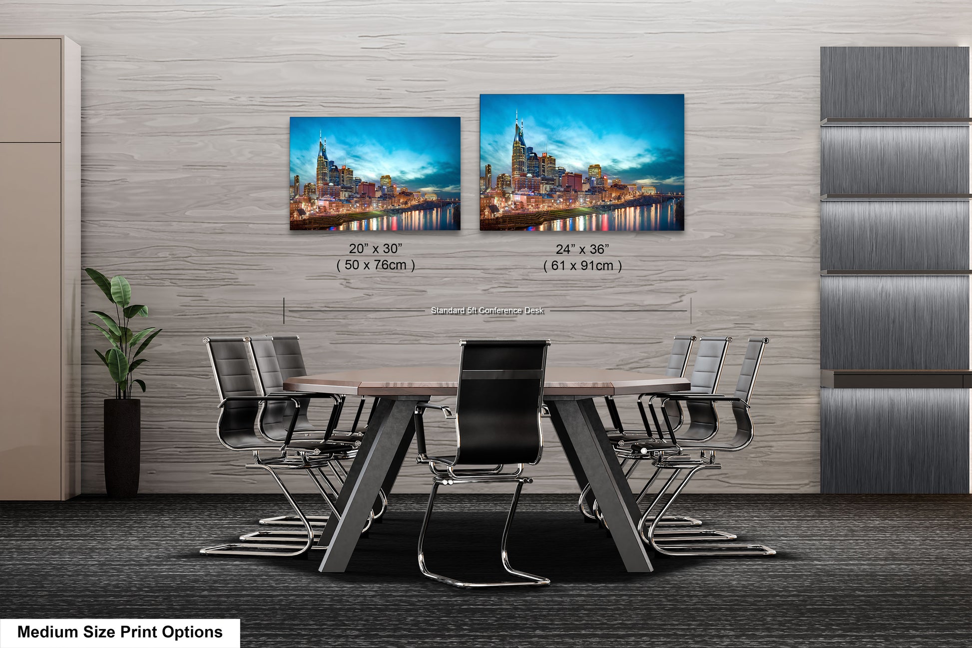 a dining room table with chairs and a picture of a city