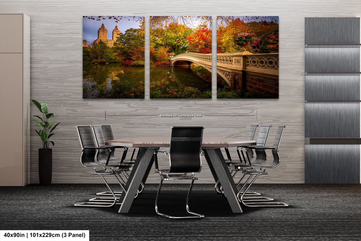 The image is a modern living room with a large, three-panel landscape painting depicting a scenic view of Central Park in New York City. The painting features a bridge, trees, and a lake, creating a serene and picturesque atmosphere. The room is furnished with a sofa, two chairs, and a coffee table, providing a comfortable and inviting space for relaxation and socializing.