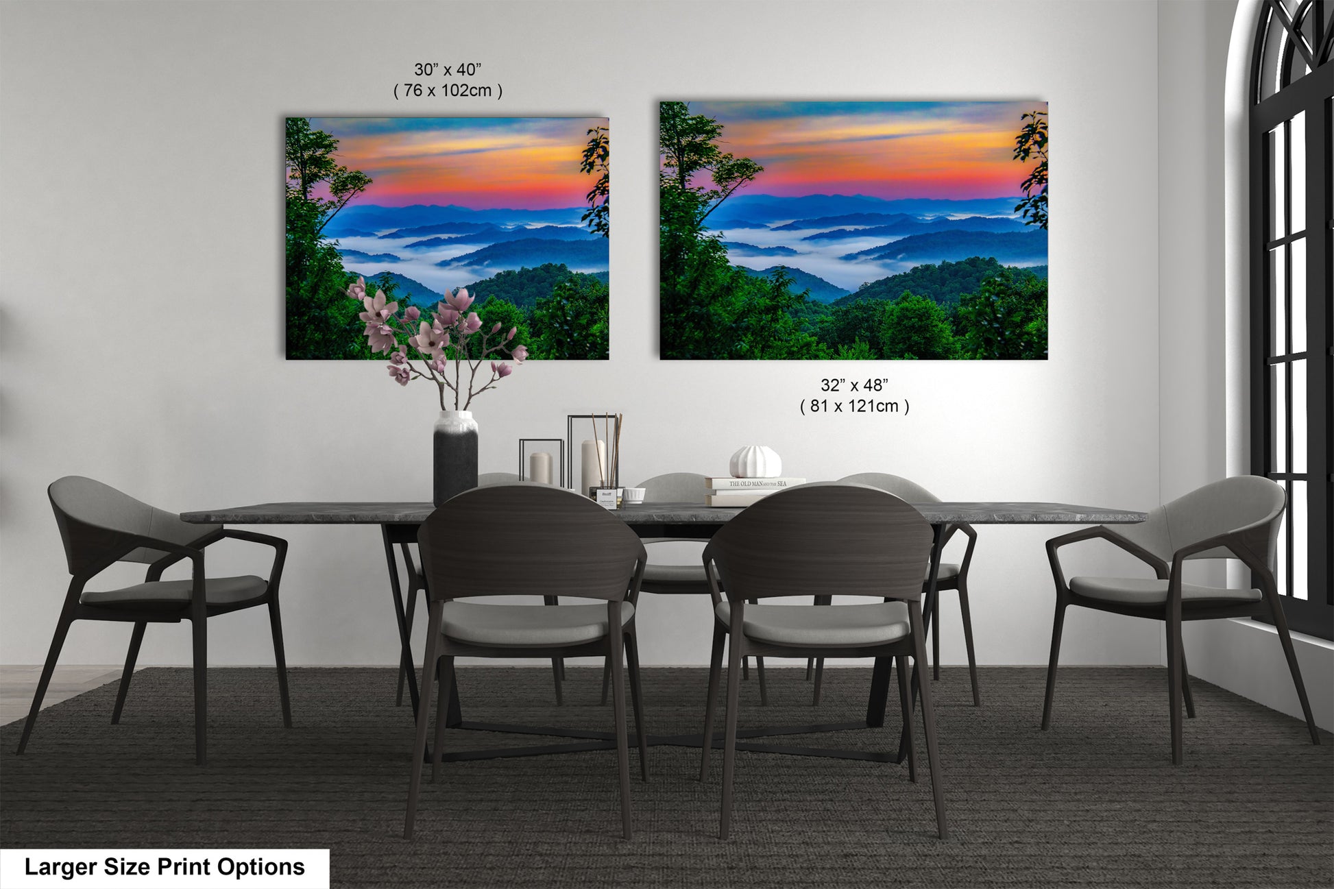 a dining room with a table and four chairs