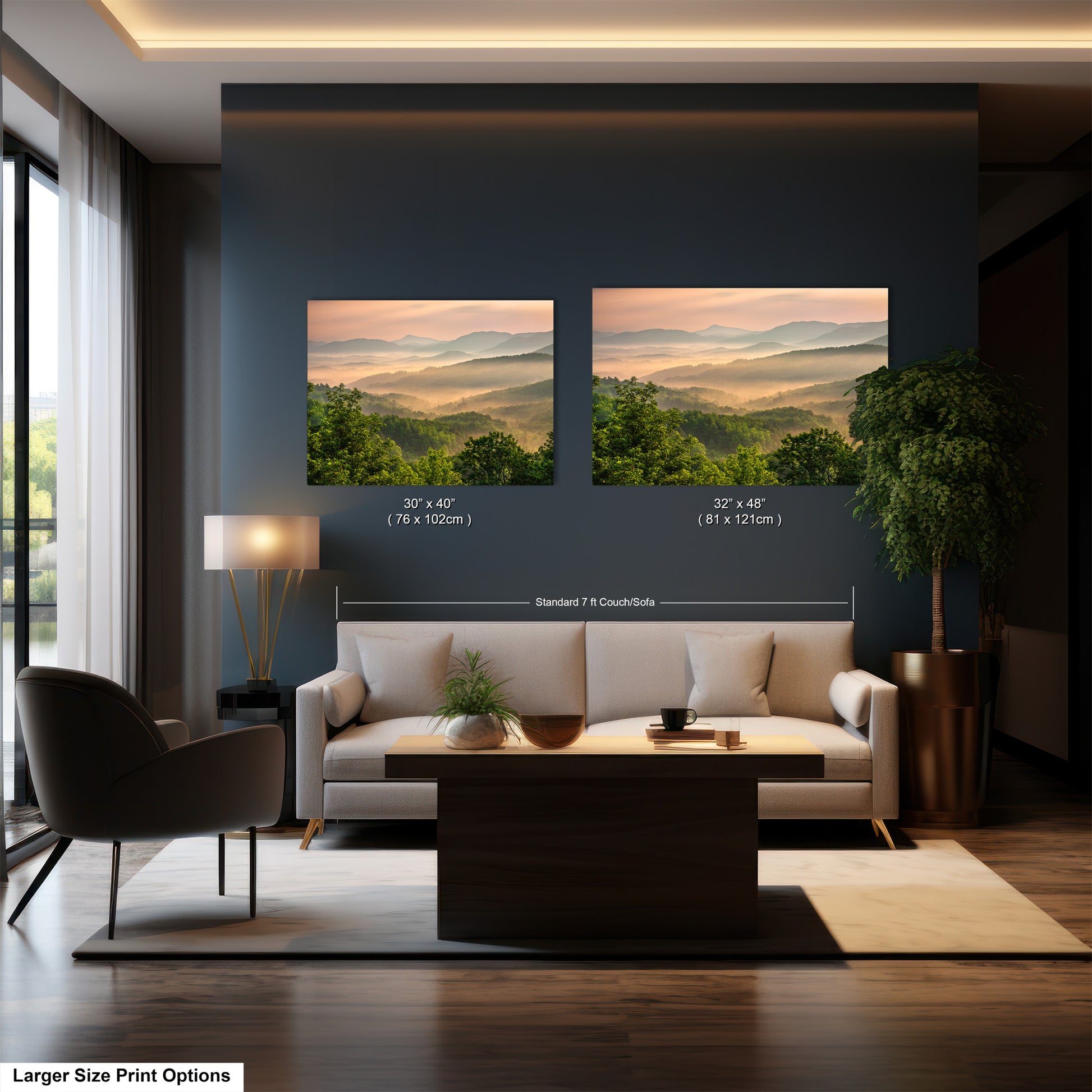 a living room filled with furniture and a painting on the wall