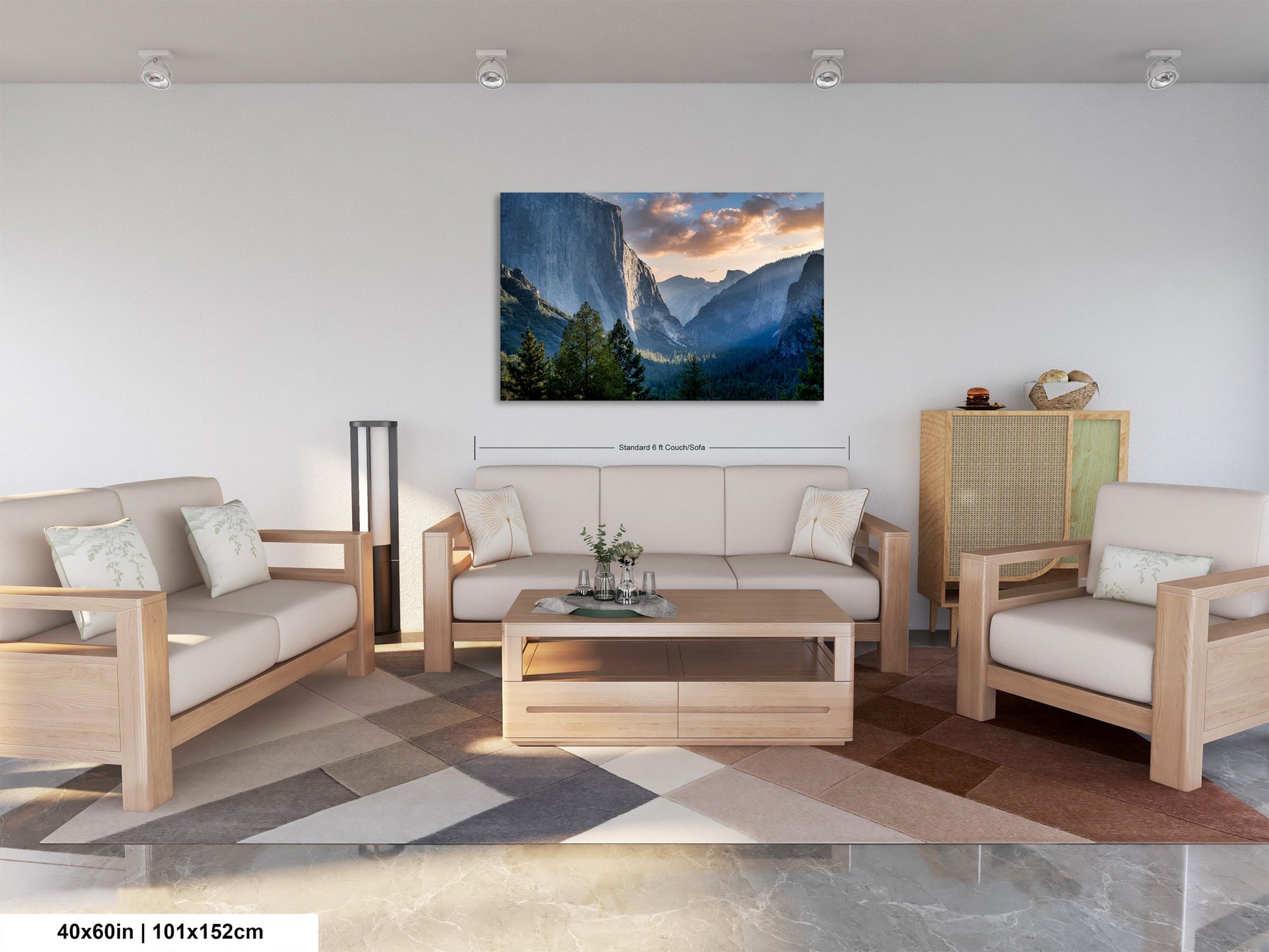 a living room filled with furniture and a painting on the wall