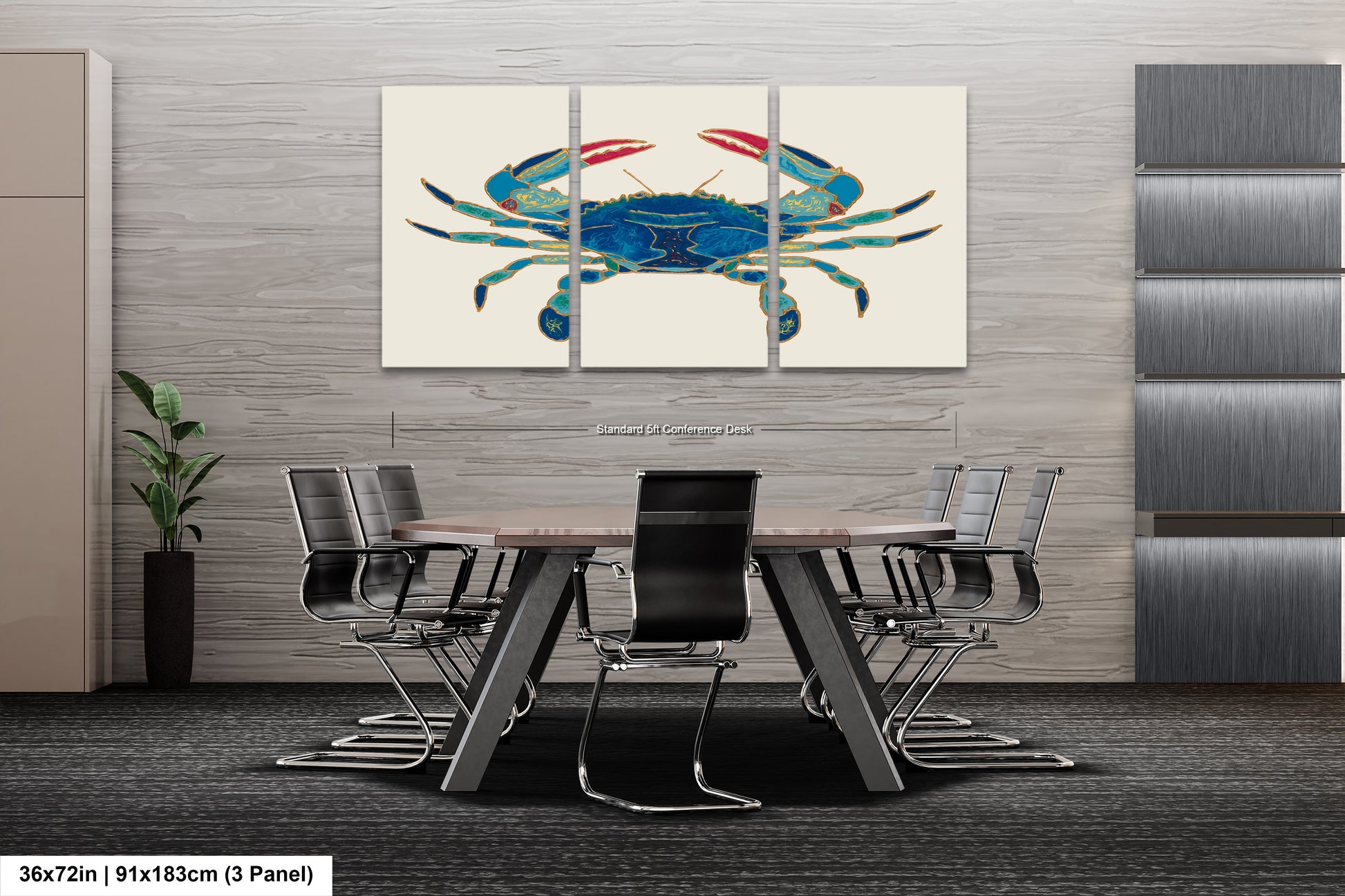 a dining room table with chairs and a painting of a crab on the wall