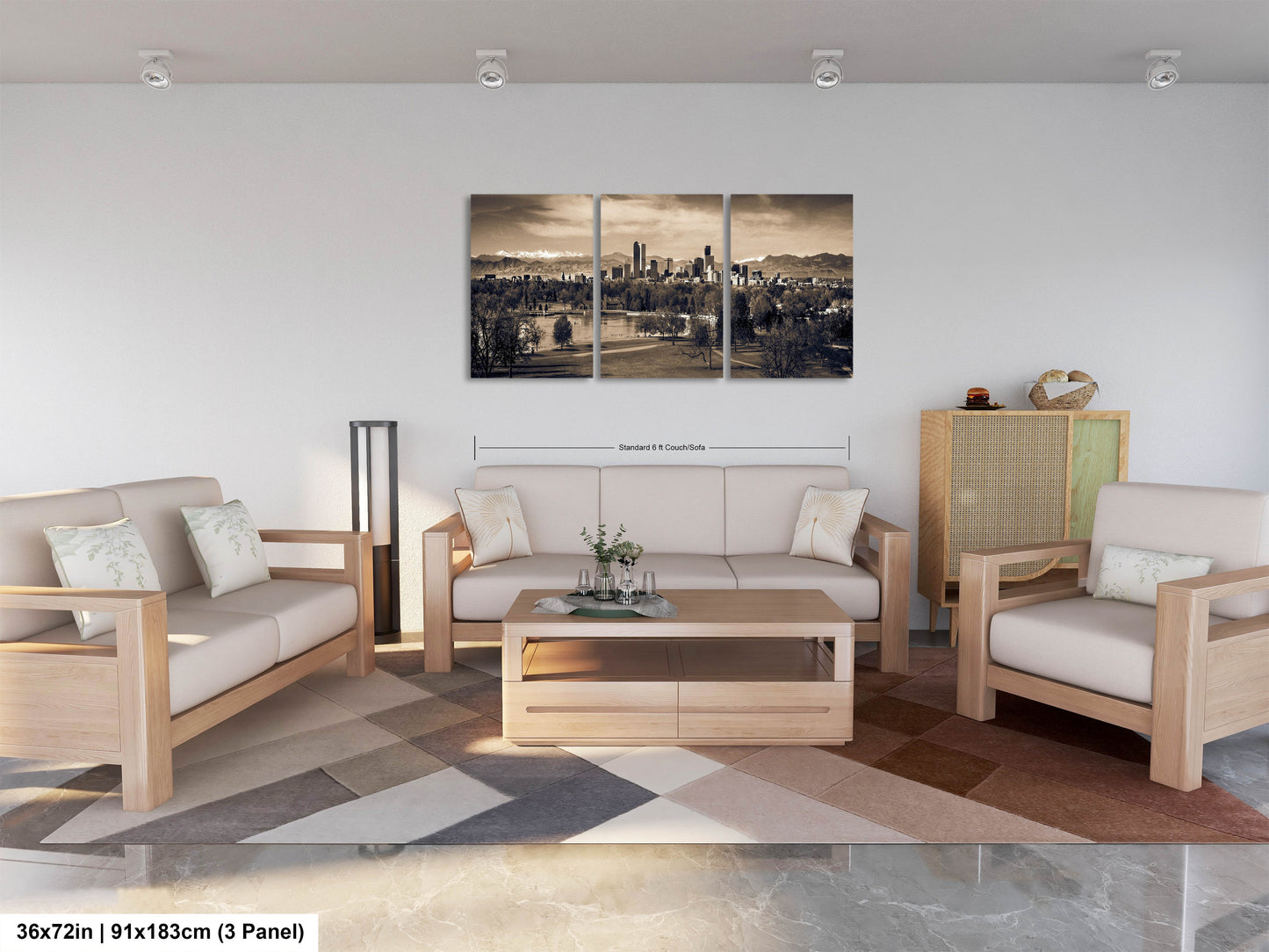 a living room filled with furniture and a painting on the wall