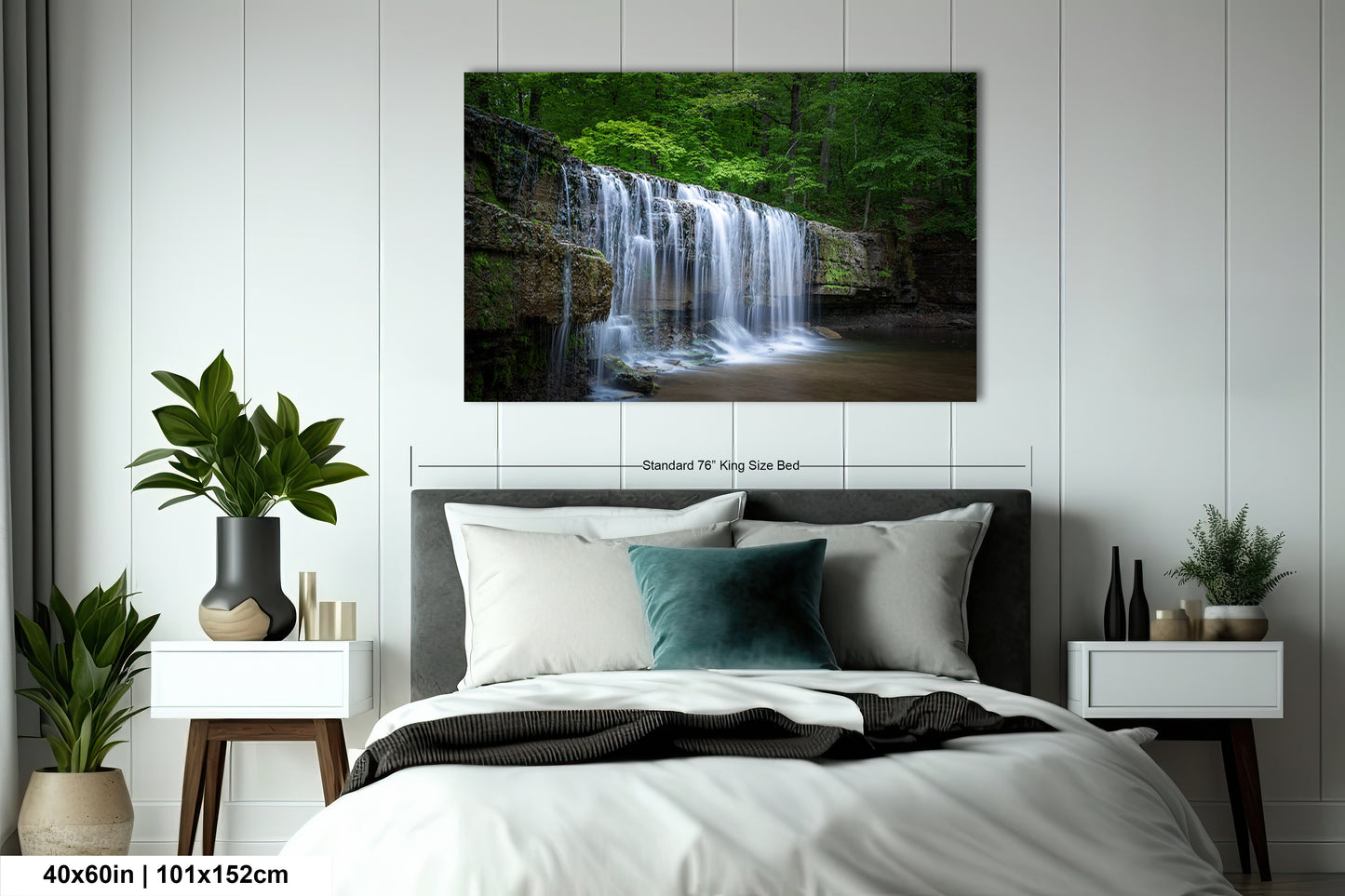 a bedroom with a bed and a painting on the wall