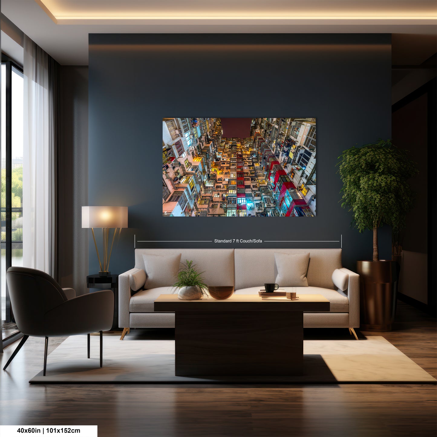a living room with a large painting on the wall