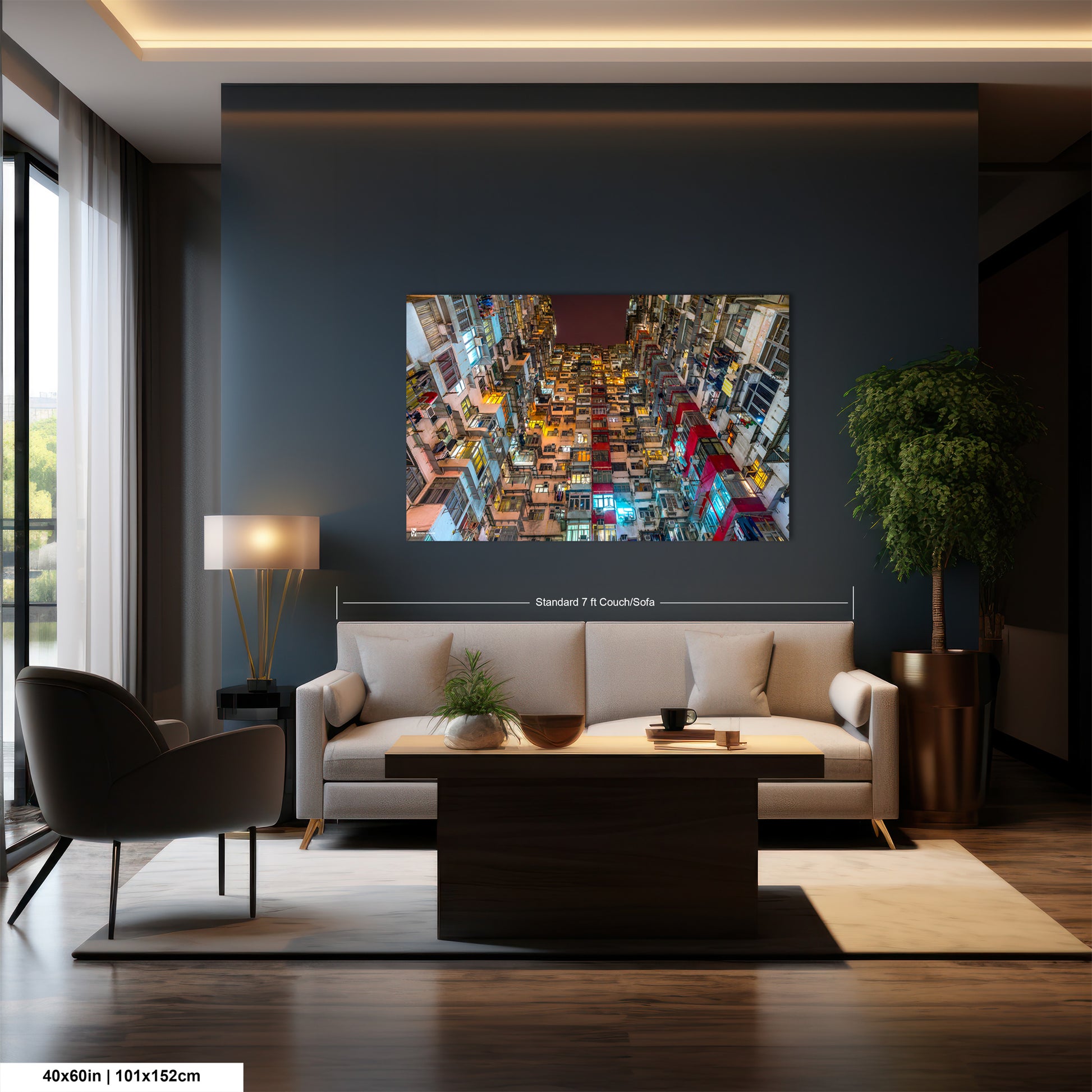a living room with a large painting on the wall
