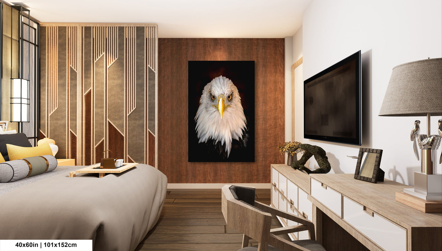 a bedroom with a large painting of an eagle on the wall