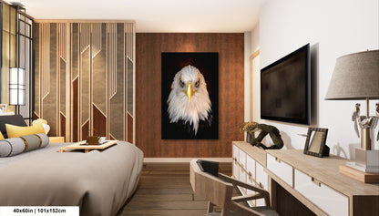 a bedroom with a large painting of an eagle on the wall