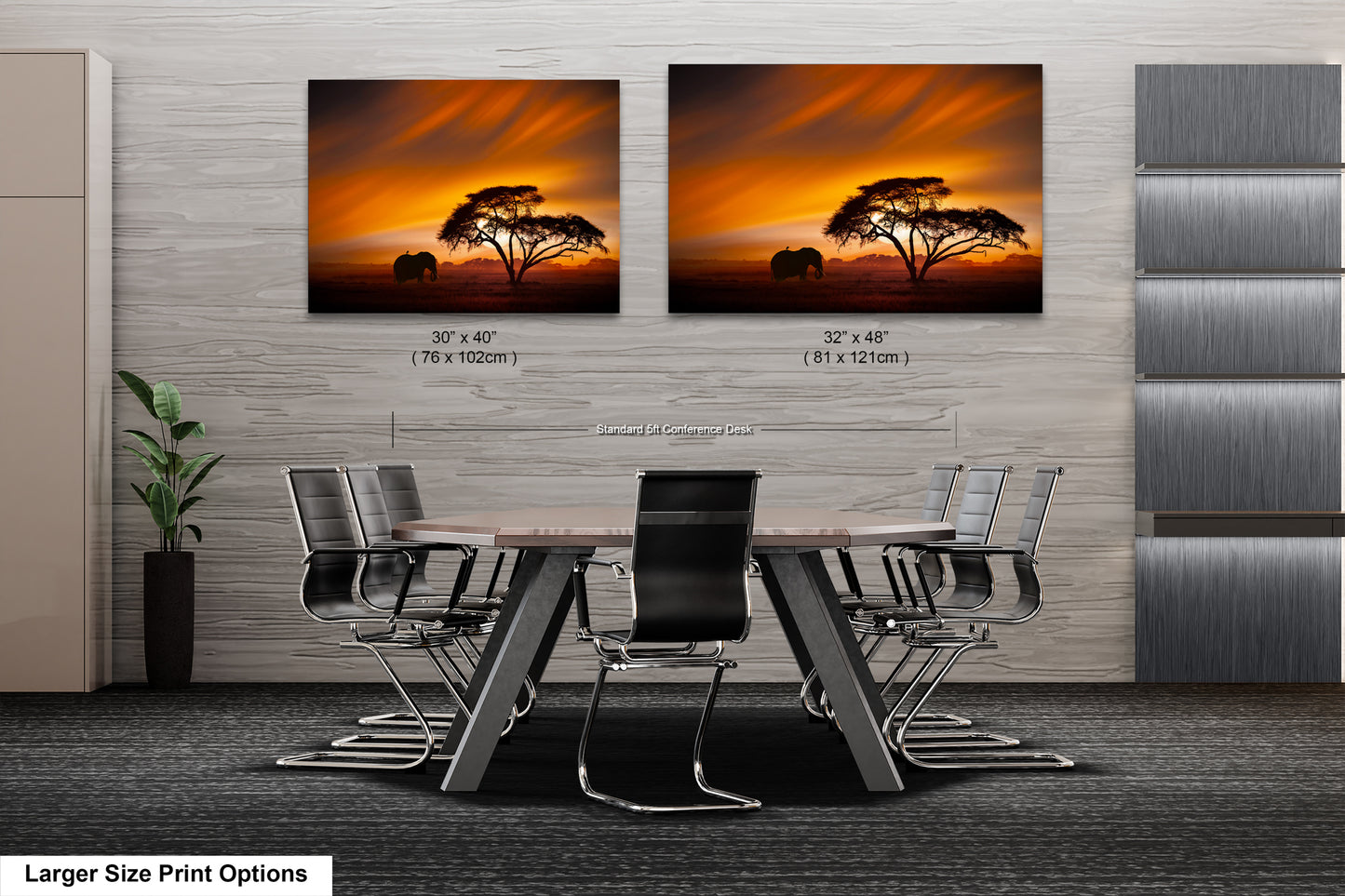 a dining room table with chairs and two pictures on the wall