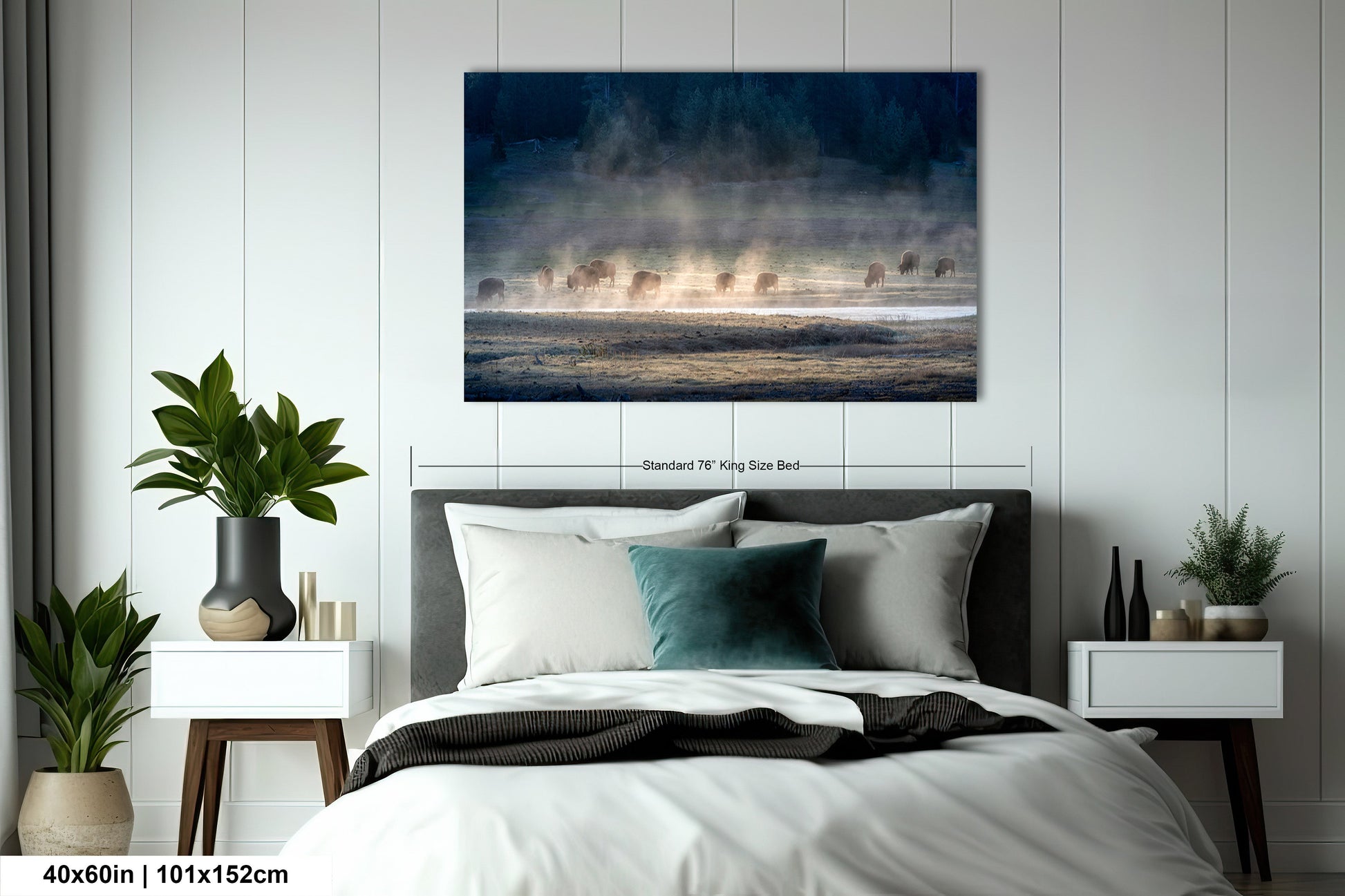 a bedroom with a bed and a painting on the wall