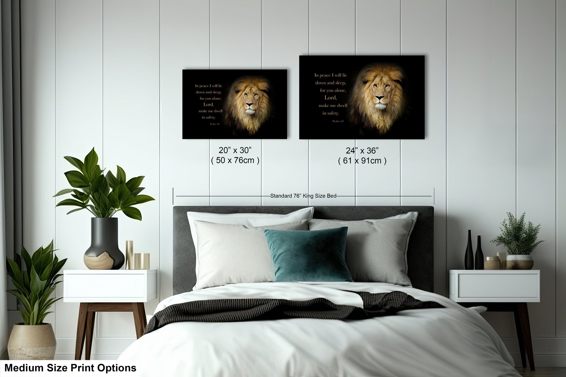 a bed with two pictures of lions on the wall above it