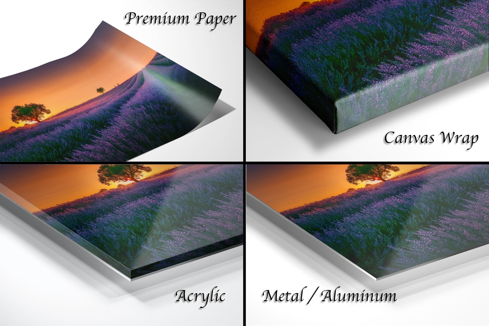 a series of four images of a lavender field