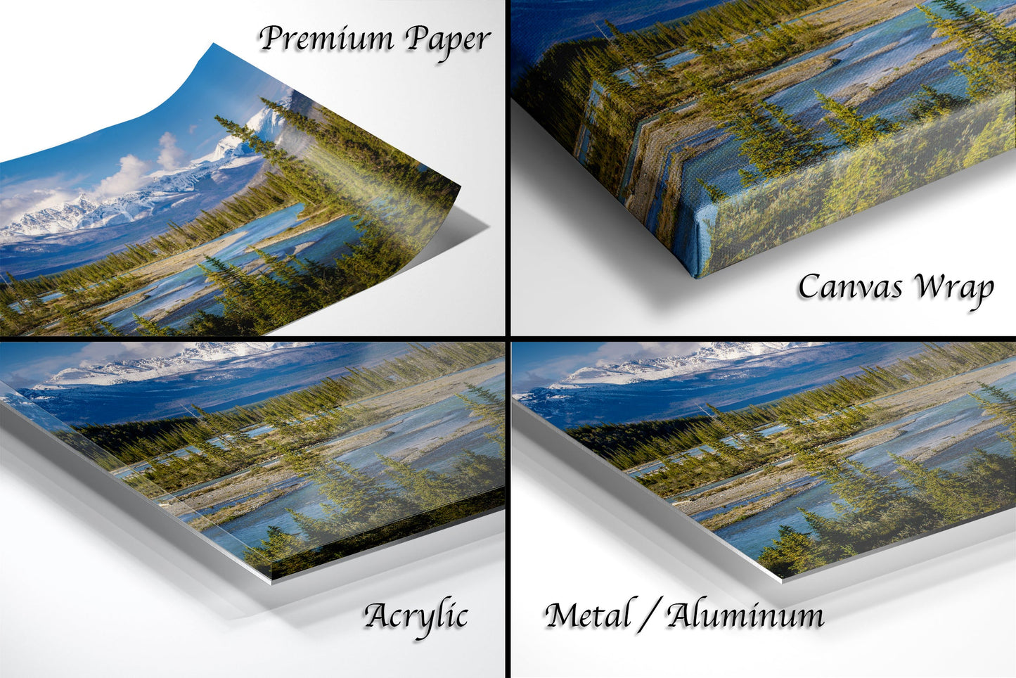 a series of four photos of a mountain lake