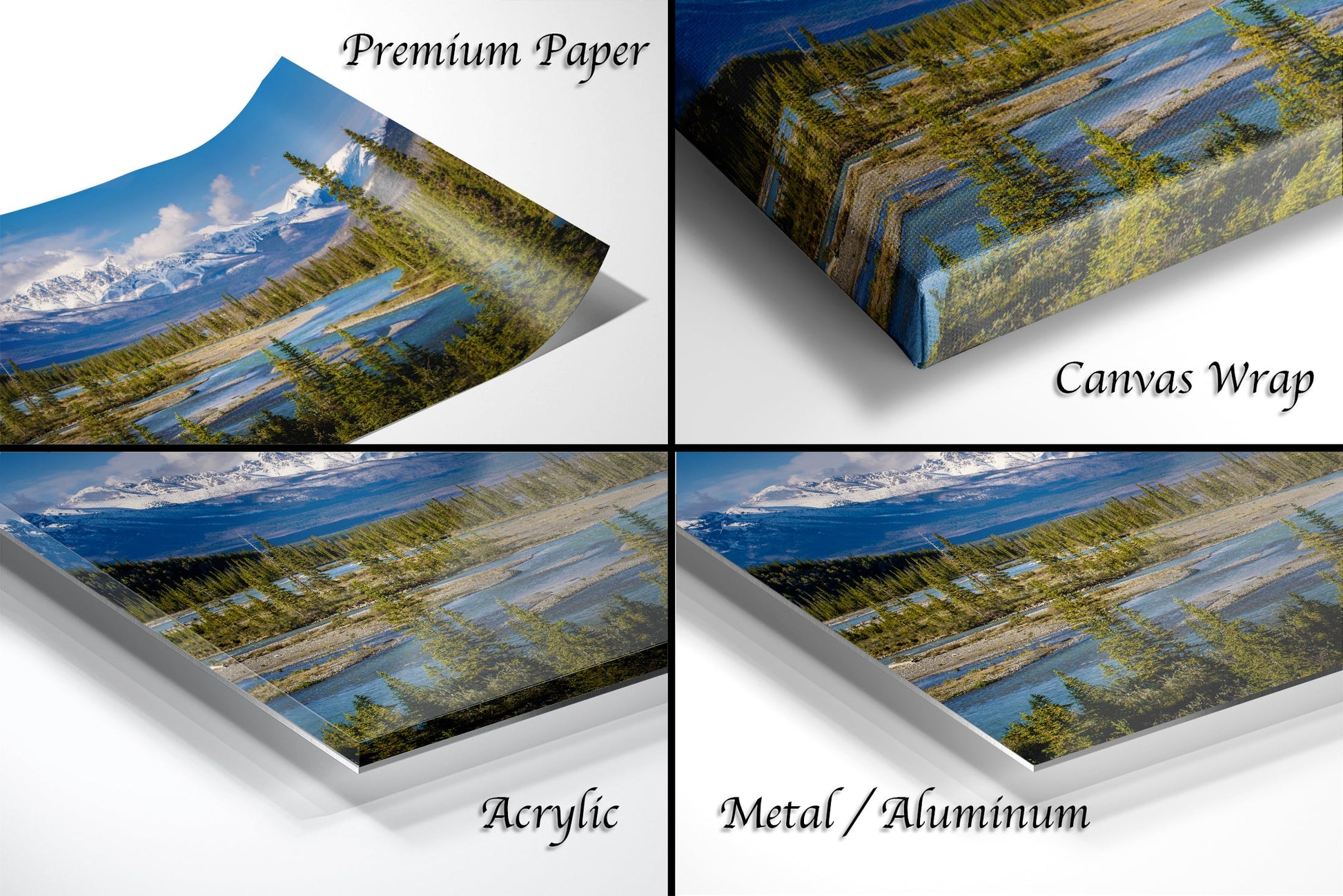 a series of four photos of a mountain lake