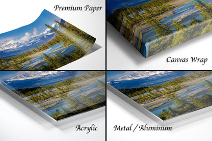 a series of four photos of a mountain lake