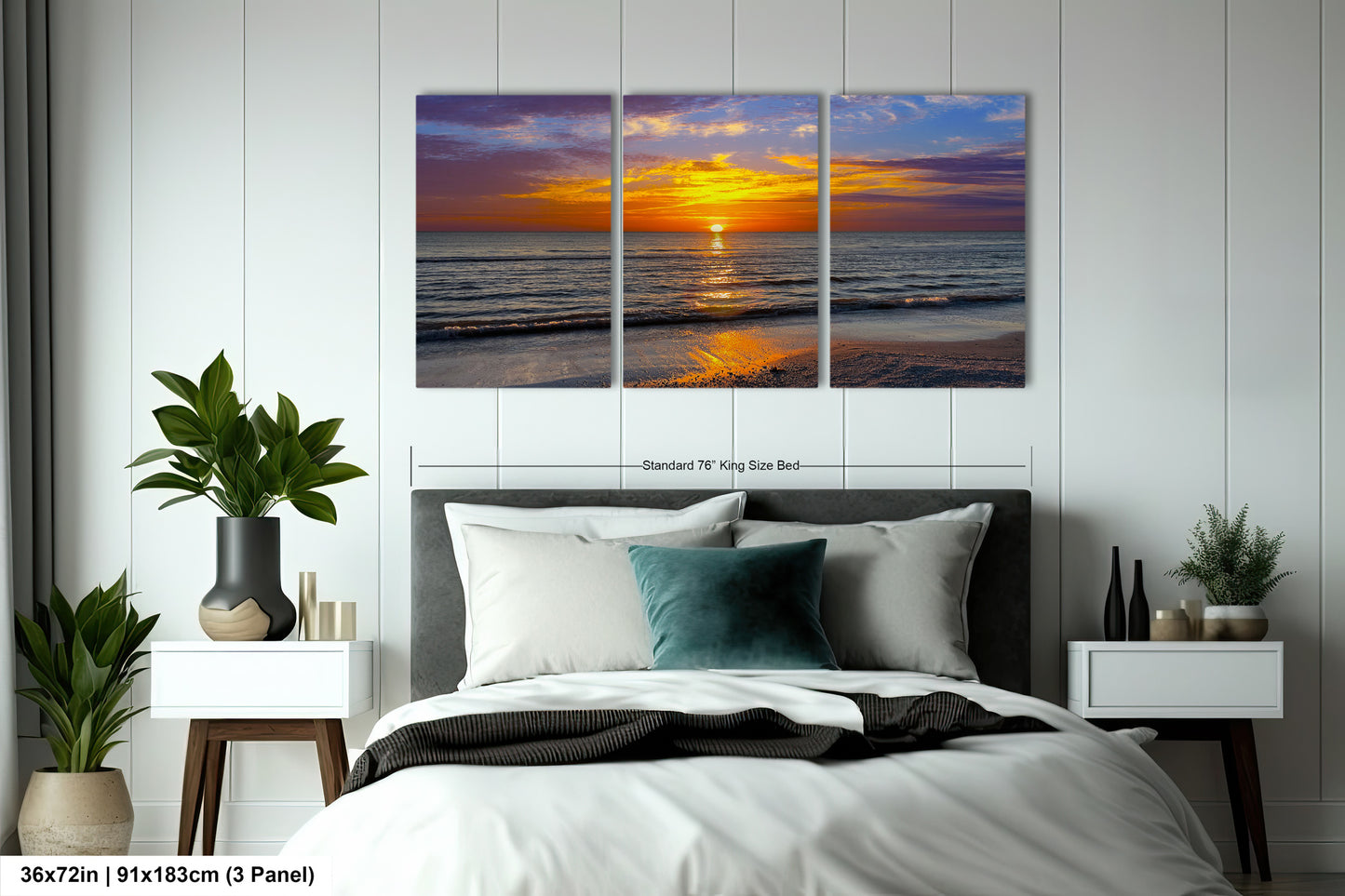 a bedroom scene with a bed and two paintings on the wall